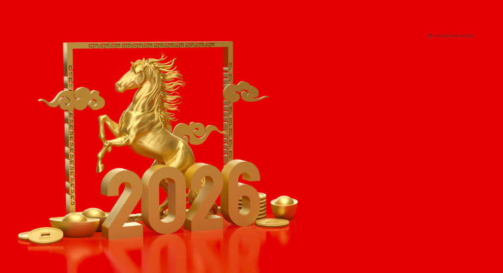 gold horse and 2026 on red background