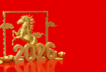 gold horse and 2026 on red background