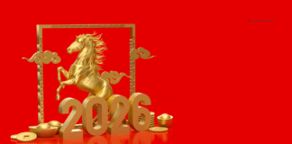 gold horse and 2026 on red background