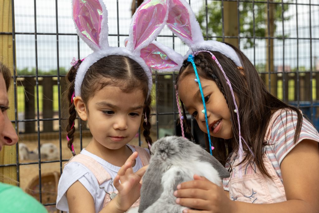 Two girls wearing bunny ears pet a real bunny