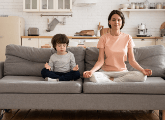 Beginner Meditation Tips for Moms woman and son on couch practicing meditation