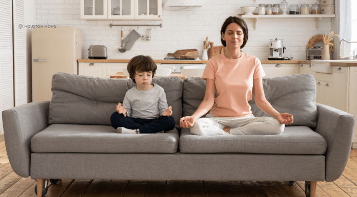 Beginner Meditation Tips for Moms woman and son on couch practicing meditation