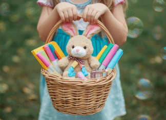 girl holding up easter basket