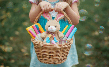 girl holding up easter basket