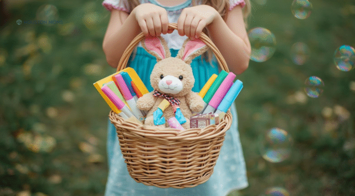 girl holding up easter basket