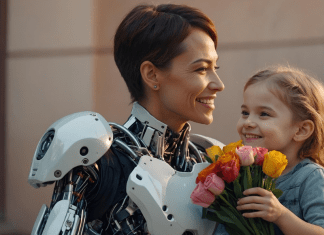 The Consequences of Pregnancy: Raising Generation Alpha and Beta cyborg woman holding toddler who is holding a bouquet of flowers