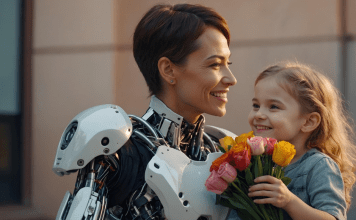 The Consequences of Pregnancy: Raising Generation Alpha and Beta cyborg woman holding toddler who is holding a bouquet of flowers