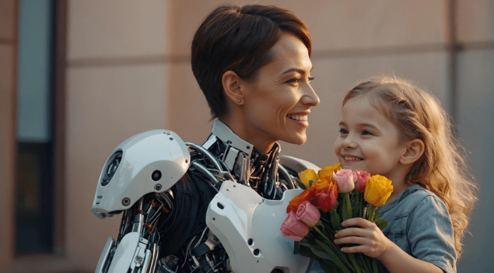 The Consequences of Pregnancy: Raising Generation Alpha and Beta cyborg woman holding toddler who is holding a bouquet of flowers