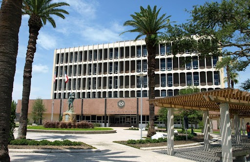 The outside of the Galveston County Courthouse building.