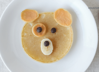 bear made from pancakes and fruit