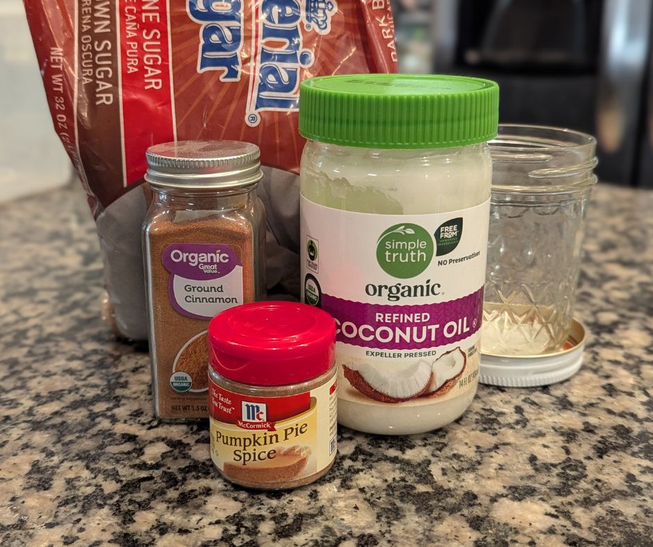 coconut oil, brown sugar, pumpkin pie spice and ground cinnamon on counter top