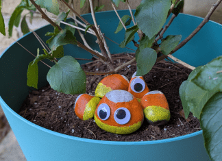 rocks painted like candy corn with googly eyes sit in pot