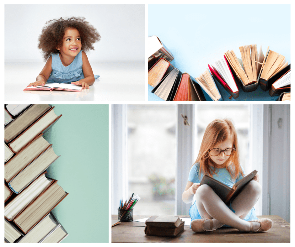 collage of children reading and books