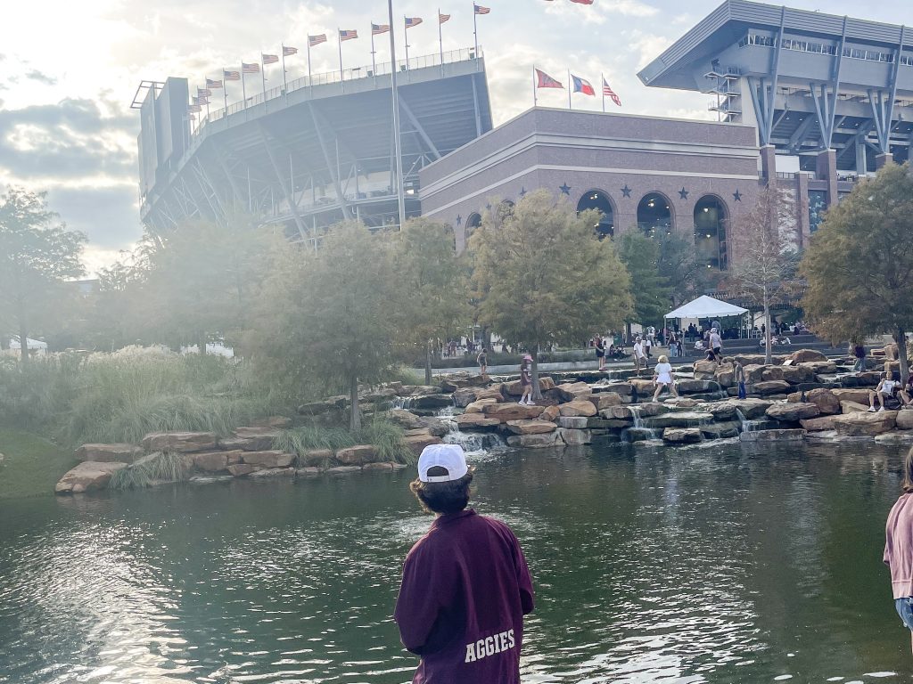 view of Kyle Field from across lake
