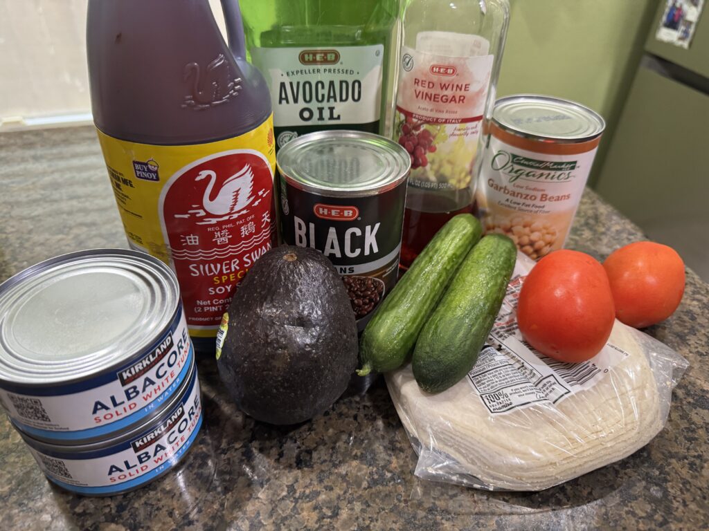 Items that don't need to be refrigerated that you can use in recipes: canned meats, fruits and vegetables like tomatoes, cucumbers and avocado, oils and vinegars
