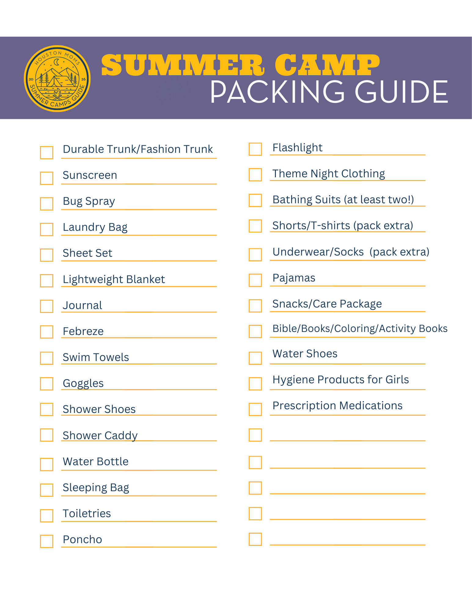 2026 Camp Packing Guide Printable