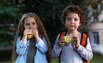 Food is Nourishment, Not Punishment girl eating sandwich and boy eating an apple