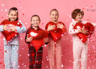 kids holding heart balloons surrounded by cofetti