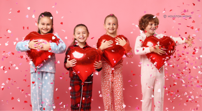 10 Printable Class Valentines for Last-Minute Mamas kids holding heart balloons surrounded by cofetti