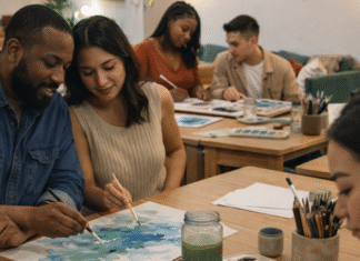 couples on date night painting together