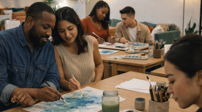 couples on date night painting together